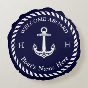 Nautical Boat Name Anchor Rope Navy Blue White Rond Kussen