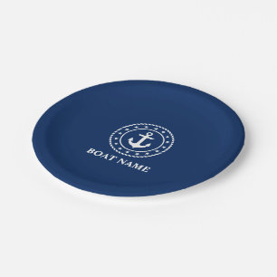 Nautical Boat Name Anchor Rope Stars Navy Blue Papieren Bordje