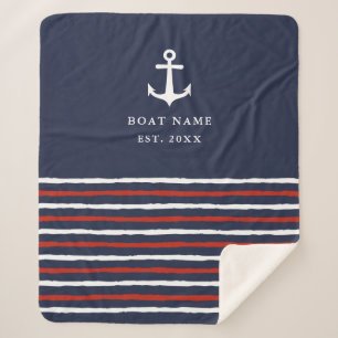 Nautical Boat Name Anchor Stripes Navy Blue Sherpa Sherpa Deken