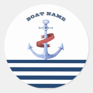 Nautical Boat Name, Blue Anchor Navy Blue Striped Ronde Sticker