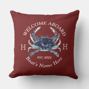 Nautical Boat Name Blue Crab Welkom Burgundy Red Buitenkussen
