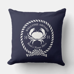 Nautical Boat Name Crab Rope Navy Blue Welkom Buitenkussen