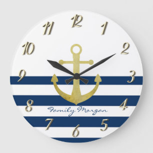 Nautical boat Name,Gold Anchor Navy Blue Stripes Grote Klok