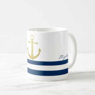 Nautical boat Name,Gold Anchor Navy Blue Stripes Koffiemok