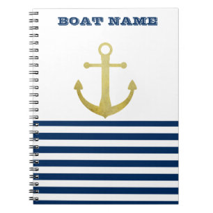 Nautical boat Name,Gold Anchor Navy Blue Stripes Notitieboek
