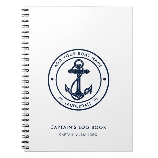 Nautical Boat Name Navy Blue Anchor Captain's Log Notitieboek (Voorkant)