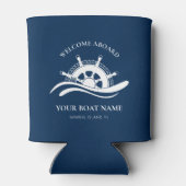 Nautical Boat Name Navy Blue Shield Wheel Welkomst Blikjeskoeler (Achterkant)