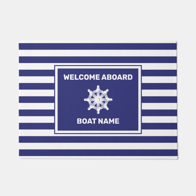 Nautical boat Name Navy Blue Striped Design Doorma Deurmat (Voorkant)