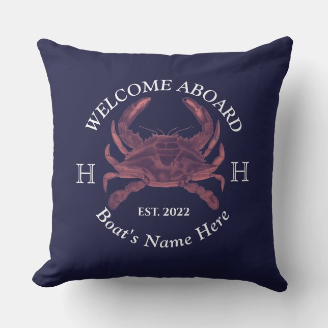 Nautical Boat Name Red Crab Welcome Naval Blue Buitenkussen (Voorkant)