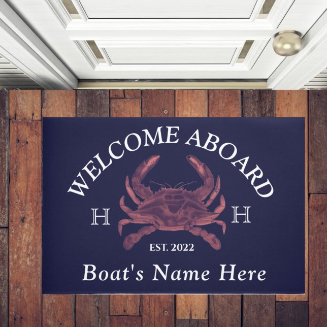 Nautical Boat Name Red Crab Welcome Naval Blue Deurmat (Creator heeft geüpload)