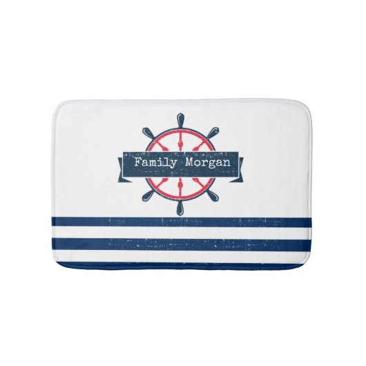 Nautical Boat Wheel, Navy Blue Striped Badmat (Voorkant)