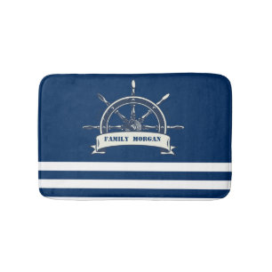 Nautical Boat Wheel, Navy Blue Stripes Badmat