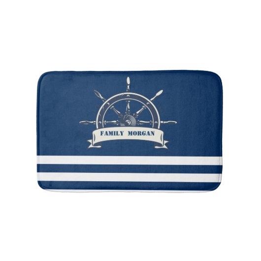 Nautical Boat Wheel, Navy Blue Stripes Badmat (Voorkant)