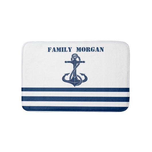 Nautical Boat Wheel, Navy Blue Stripes Badmat (Voorkant)