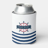 Nautical Boat Wheel, Navy Blue Stripes Blikjeskoeler (Blikje Voorkant)