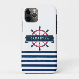 Nautical Boat Wheel, Navy Blue Stripes iPhone 11 Pro Hoesje