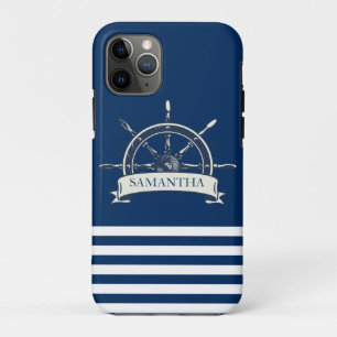 Nautical Boat Wheel, Navy Blue Stripes iPhone 11 Pro Hoesje