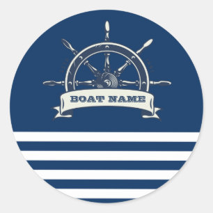 Nautical Boat Wheel, Navy Blue Stripes Ronde Sticker