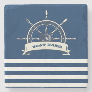 Nautical Boat Wheel, Navy Blue Stripes Stenen Onderzetter