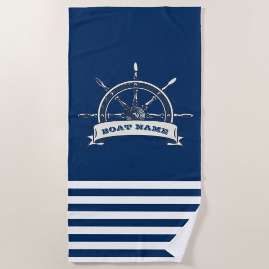 Nautical Boat Wheel, Navy Blue Stripes Strandlaken (Voorkant)