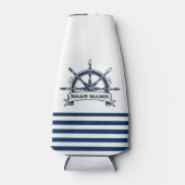 Nautical Boat Wheel, Navy Blue White Stripes Flesjeskoeler (Voorkant)