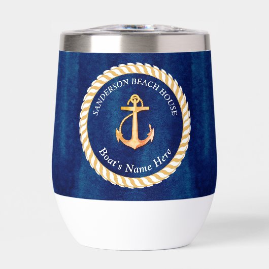 Nautical Boot Naam Anker Touw Navy Blauw Geel (Voorkant)