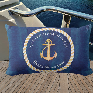 Nautical Boot Naam Anker Touw Navy Blauw Geel Buitenkussen