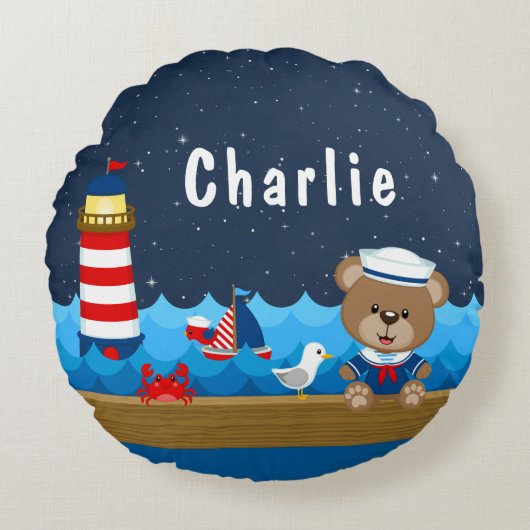 Nautical Boy Beer Red en Navy Rond Kussen (Voorkant)