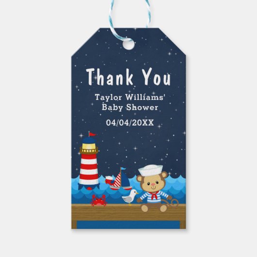 Nautical Boy Monkey Red Baby shower Dank u Cadeaulabel (Voorkant)