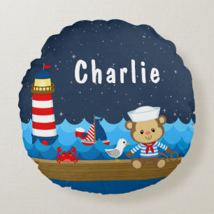 Nautical Boy Monkey Red en marine Rond Kussen