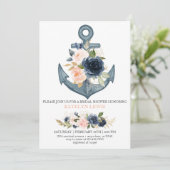 Nautical Bridal Shower Invitation with Florals Kaart (Staand voorkant)