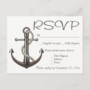 Nautical Brown RSVP Ship Anchor Wedding Beach Uitnodiging Briefkaart