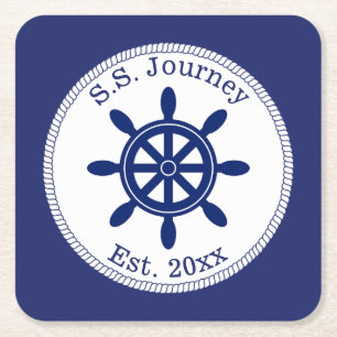 Nautical Captain's Wheel Add Boat Name Vierkante Kartonnen Onderzetter