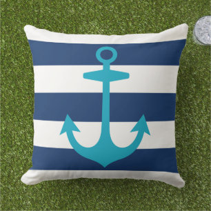 Nautical Caribische blauwe anker met marinestrepen Buitenkussen