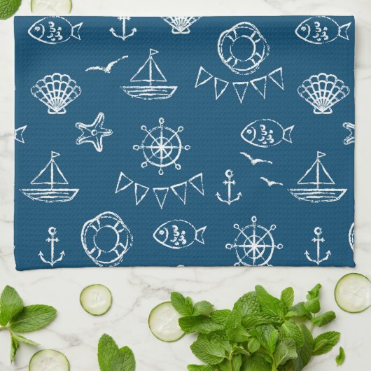 Nautical Chalk Drawing Pattern 2 Theedoek (Gevouwen)