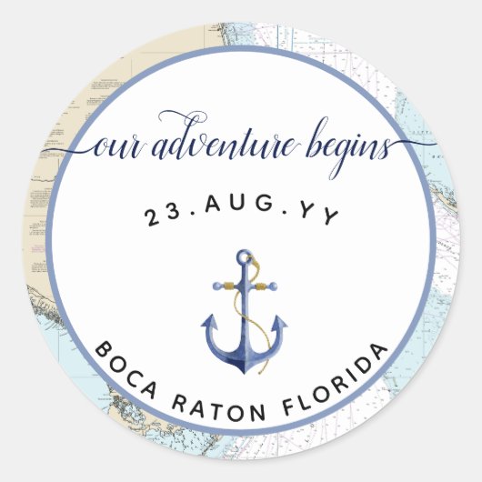 Nautical Chart + Anchor Wedding / Event Florida Ronde Sticker (Voorkant)