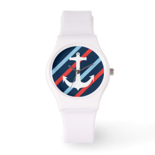 Nautical chic anchor navy blue rode strepen horloge