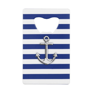Nautical Chrome Anchor on Navy Stripes Kredietkaart Flessenopener