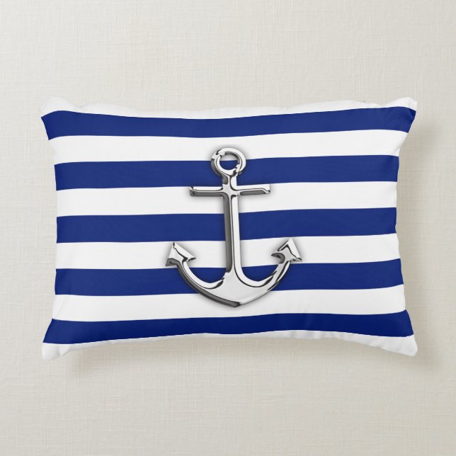 Nautical Chrome Anchor on Navy Stripes Print Accent Kussen (Voorkant)