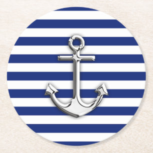 Nautical Chrome Anchor on Navy Stripes Print Ronde Kartonnen Onderzetter