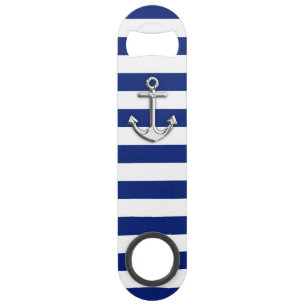 Nautical Chrome Anchor on Navy Stripes Speed Flessenopener