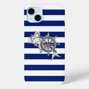 Nautical Chrome Mermaid on Navy Stripes Print iPhone 15 Mini Hoesje
