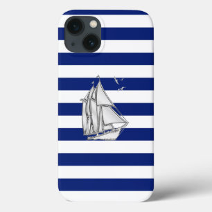 Nautical Chrome Sail Boat on Navy Stripes Print iPhone 13 Hoesje