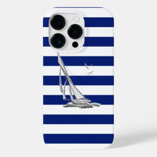 Nautical Chrome Sail Boat on Navy Stripes Print Case-Mate iPhone 14 Pro Hoesje