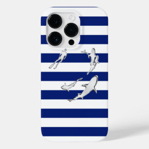 Nautical Chrome Sharks op Navy Stripes Print Case-Mate iPhone 14 Pro Hoesje