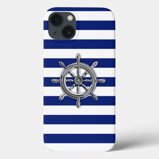 Nautical Chrome Wheel on Navy Stripes Print Case-Mate iPhone Case (Achterkant)