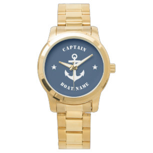 Nautical Classic Anchor Kapitein Boat Name Navy Horloge