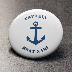 Nautical Classic Anchor Kapitein Boat Name Navy Ronde Button 5,7 Cm