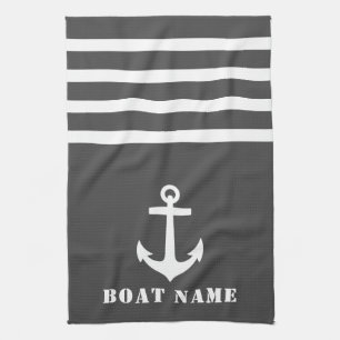 Nautical Classic Anchor Uw Bootnaam Grijs Wit Theedoek