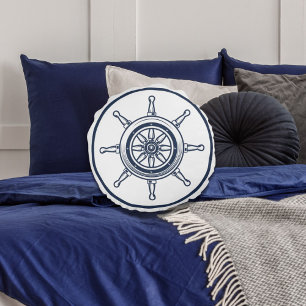 Nautical Coastal Blue Beach House Boat Ship Wheel Rond Kussen